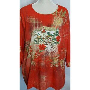 Womens T Shirt 1X Birds Birdhouse Embellished i.b.diffusion 3/4 Sleeve Red